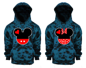 Mickey and Minnie Tie Die couple hoodies, Matching couple hoodies, Teal Cloud tie dye hoodies.