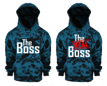 Görseli Galeri görüntüleyiciye yükleyin, The Boss and The Real Boss Tie Die couple hoodies, Matching couple hoodies, Teal Cloud tie dye hoodies.
