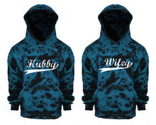 Görseli Galeri görüntüleyiciye yükleyin, Hubby and Wifey Tie Die couple hoodies, Matching couple hoodies, Teal Cloud tie dye hoodies.
