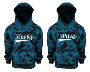 Hubby and Wifey Tie Die couple hoodies, Matching couple hoodies, Teal Cloud tie dye hoodies.