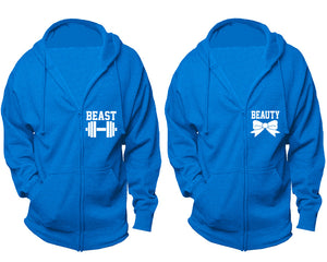 Beast and Beauty zipper hoodies, Matching couple hoodies, Turquoise zip up hoodie for man, Turquoise zip up hoodie womens