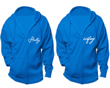 Cargar imagen en el visor de la galería, Hubby and Wifey zipper hoodies, Matching couple hoodies, Turquoise zip up hoodie for man, Turquoise zip up hoodie womens
