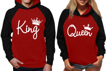 Load image into Gallery viewer, King and Queen raglan hoodies, Matching couple hoodies, White King Queen design on man and woman hoodies
