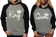 Cargar imagen en el visor de la galería, King and Queen raglan hoodies, Matching couple hoodies, White King Queen design on man and woman hoodies
