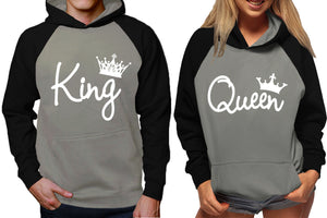 King and Queen raglan hoodies, Matching couple hoodies, White King Queen design on man and woman hoodies