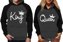 Görseli Galeri görüntüleyiciye yükleyin, King and Queen raglan hoodies, Matching couple hoodies, White King Queen design on man and woman hoodies
