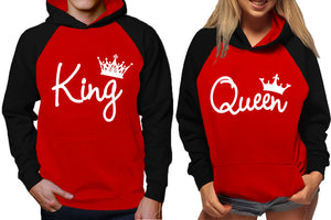 King and Queen raglan hoodies, Matching couple hoodies, White King Queen design on man and woman hoodies
