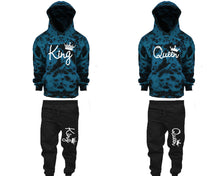 Load image into Gallery viewer, King and Queen matching top and bottom set, Teal Cloud design tie dye hoodie and jogger pants set for mens, tie dye hoodie and jogger set womens. Matching couple joggers.
