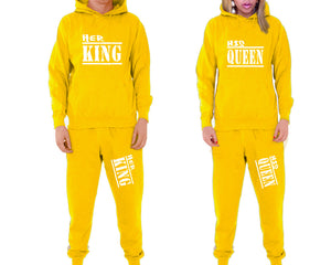 Her King and His Queen matching top and bottom set, Yellow pullover hoodie and sweatpants sets for mens, pullover hoodie and jogger set womens. Matching couple joggers.