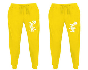 Hubby and Wifey matching jogger pants, Yellow sweatpants for mens, jogger set womens. Matching couple joggers.