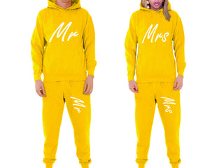 Mr and Mrs matching top and bottom set, Yellow pullover hoodie and sweatpants sets for mens, pullover hoodie and jogger set womens. Matching couple joggers.