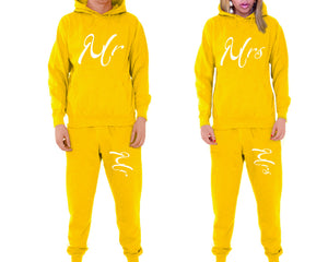 Mr and Mrs matching top and bottom set, Yellow pullover hoodie and sweatpants sets for mens, pullover hoodie and jogger set womens. Matching couple joggers.