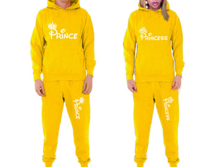 Prince and Princess matching top and bottom set, Yellow pullover hoodie and sweatpants sets for mens, pullover hoodie and jogger set womens. Matching couple joggers.