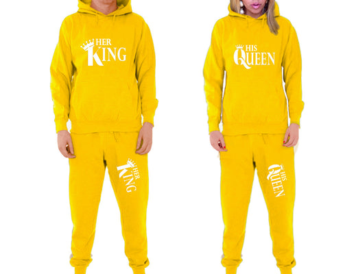 Her King and His Queen matching top and bottom set, Yellow pullover hoodie and sweatpants sets for mens, pullover hoodie and jogger set womens. Matching couple joggers.