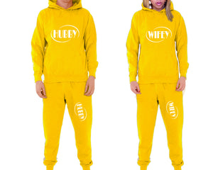 Hubby and Wifey matching top and bottom set, Yellow pullover hoodie and sweatpants sets for mens, pullover hoodie and jogger set womens. Matching couple joggers.