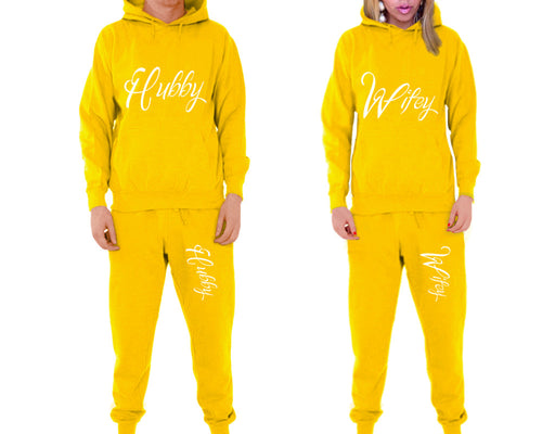 Hubby and Wifey matching top and bottom set, Yellow pullover hoodie and sweatpants sets for mens, pullover hoodie and jogger set womens. Matching couple joggers.