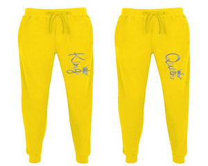 King and Queen matching jogger pants, Yellow sweatpants for mens, jogger set womens. Matching couple joggers.