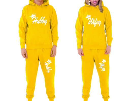 Hubby and Wifey matching top and bottom set, Yellow pullover hoodie and sweatpants sets for mens, pullover hoodie and jogger set womens. Matching couple joggers.