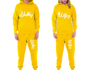 Hubby and Wifey matching top and bottom set, Yellow pullover hoodie and sweatpants sets for mens, pullover hoodie and jogger set womens. Matching couple joggers.