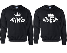 Load image into Gallery viewer, King and Queen couple sweatshirts. Black sweaters for men, sweaters for women. Sweat shirt. Matching sweatshirts for couples
