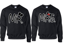 Load image into Gallery viewer, Mr Mrs couple sweatshirts. Black sweaters for men, sweaters for women. Sweat shirt. Matching sweatshirts for couples
