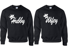 Cargar imagen en el visor de la galería, Hubby and Wifey couple sweatshirts. Black sweaters for men, sweaters for women. Sweat shirt. Matching sweatshirts for couples
