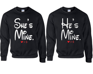 She's Mine He's Mine couple sweatshirts. Black sweaters for men, sweaters for women. Sweat shirt. Matching sweatshirts for couples