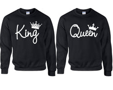Load image into Gallery viewer, King Queen couple sweatshirts. Black sweaters for men, sweaters for women. Sweat shirt. Matching sweatshirts for couples
