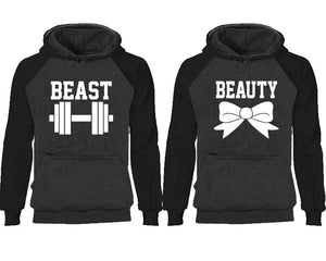 Beast Beauty couple hoodies, raglan hoodie. Black Charcoal hoodie mens, Black Charcoal red hoodie womens. 