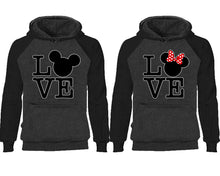 Load image into Gallery viewer, LOVE couple hoodies, raglan hoodie. Black Charcoal hoodie mens, Black Charcoal red hoodie womens. 
