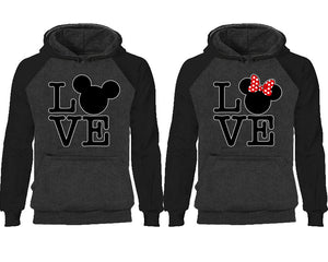 LOVE couple hoodies, raglan hoodie. Black Charcoal hoodie mens, Black Charcoal red hoodie womens. 