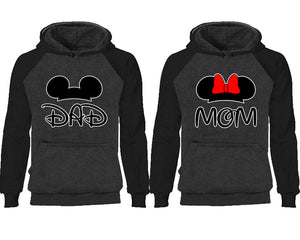 Dad Mom couple hoodies, raglan hoodie. Black Charcoal hoodie mens, Black Charcoal red hoodie womens. 
