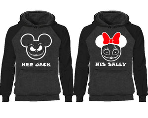 Her Jack and His Sally couple hoodies, raglan hoodie. Black Charcoal hoodie mens, Black Charcoal red hoodie womens. 