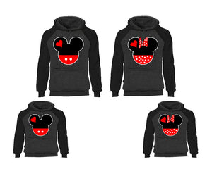 Mickey Minnie. Matching family outfits. Black Charcoal adults, kids pullover hoodie.