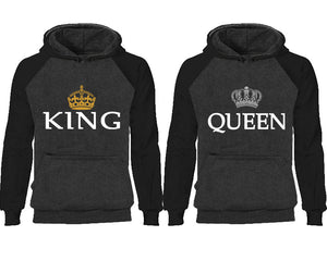King Queen couple hoodies, raglan hoodie. Black Charcoal hoodie mens, Black Charcoal red hoodie womens. 