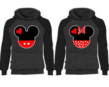Görseli Galeri görüntüleyiciye yükleyin, Mickey Minnie couple hoodies, raglan hoodie. Black Charcoal hoodie mens, Black Charcoal red hoodie womens. 
