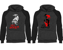 Cargar imagen en el visor de la galería, Her Joker His Harley couple hoodies, raglan hoodie. Black Charcoal hoodie mens, Black Charcoal red hoodie womens. 

