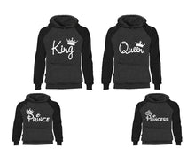 Load image into Gallery viewer, King Queen, Prince and Princess. Matching family outfits. Black Charcoal adults, kids pullover hoodie.
