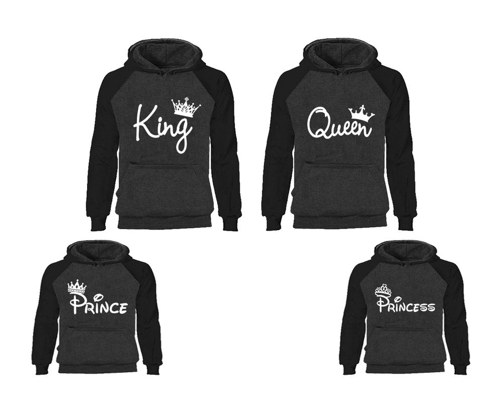 King Queen, Prince and Princess. Matching family outfits. Black Charcoal adults, kids pullover hoodie.