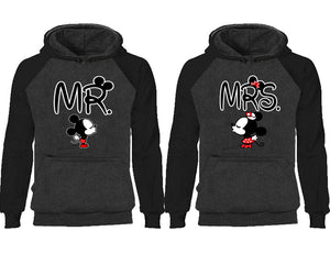 Mr Mrs couple hoodies, raglan hoodie. Black Charcoal hoodie mens, Black Charcoal red hoodie womens. 