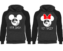 Load image into Gallery viewer, Her Jack and His Sally couple hoodies, raglan hoodie. Black Charcoal hoodie mens, Black Charcoal red hoodie womens. 
