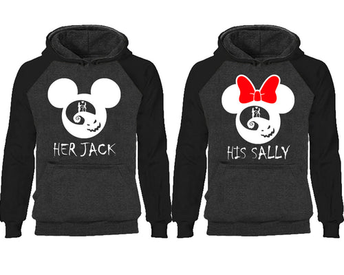 Her Jack and His Sally couple hoodies, raglan hoodie. Black Charcoal hoodie mens, Black Charcoal red hoodie womens. 