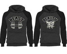 將圖片載入圖庫檢視器 Beast Beauty couple hoodies, raglan hoodie. Black Charcoal hoodie mens, Black Charcoal red hoodie womens. 

