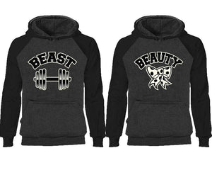 Beast Beauty couple hoodies, raglan hoodie. Black Charcoal hoodie mens, Black Charcoal red hoodie womens. 