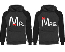 Cargar imagen en el visor de la galería, Mr Mrs couple hoodies, raglan hoodie. Black Charcoal hoodie mens, Black Charcoal red hoodie womens. 
