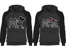 Cargar imagen en el visor de la galería, Mr Mrs couple hoodies, raglan hoodie. Black Charcoal hoodie mens, Black Charcoal red hoodie womens. 
