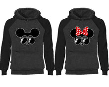 Cargar imagen en el visor de la galería, Mickey Minnie couple hoodies, raglan hoodie. Black Charcoal hoodie mens, Black Charcoal red hoodie womens. 

