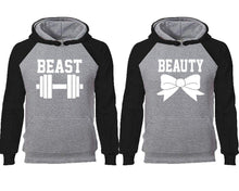 Cargar imagen en el visor de la galería, Beast Beauty couple hoodies, raglan hoodie. Black Grey hoodie mens, Black Grey red hoodie womens. 
