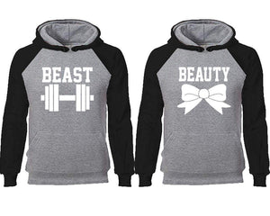 Beast Beauty couple hoodies, raglan hoodie. Black Grey hoodie mens, Black Grey red hoodie womens. 