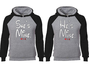 She's Mine He's Mine couple hoodies, raglan hoodie. Black Grey hoodie mens, Black Grey red hoodie womens. 